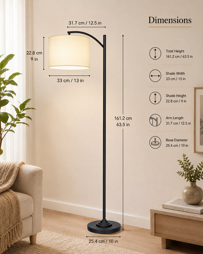 Homesake® ARC Floor Lamp for Living Room | Modern Standing Lamp with Linen Fabric Shade and Black Metal Frame | Decorative Reading Lamp for Bedroom, Corner, Office & Home Decor, Fabric Shade