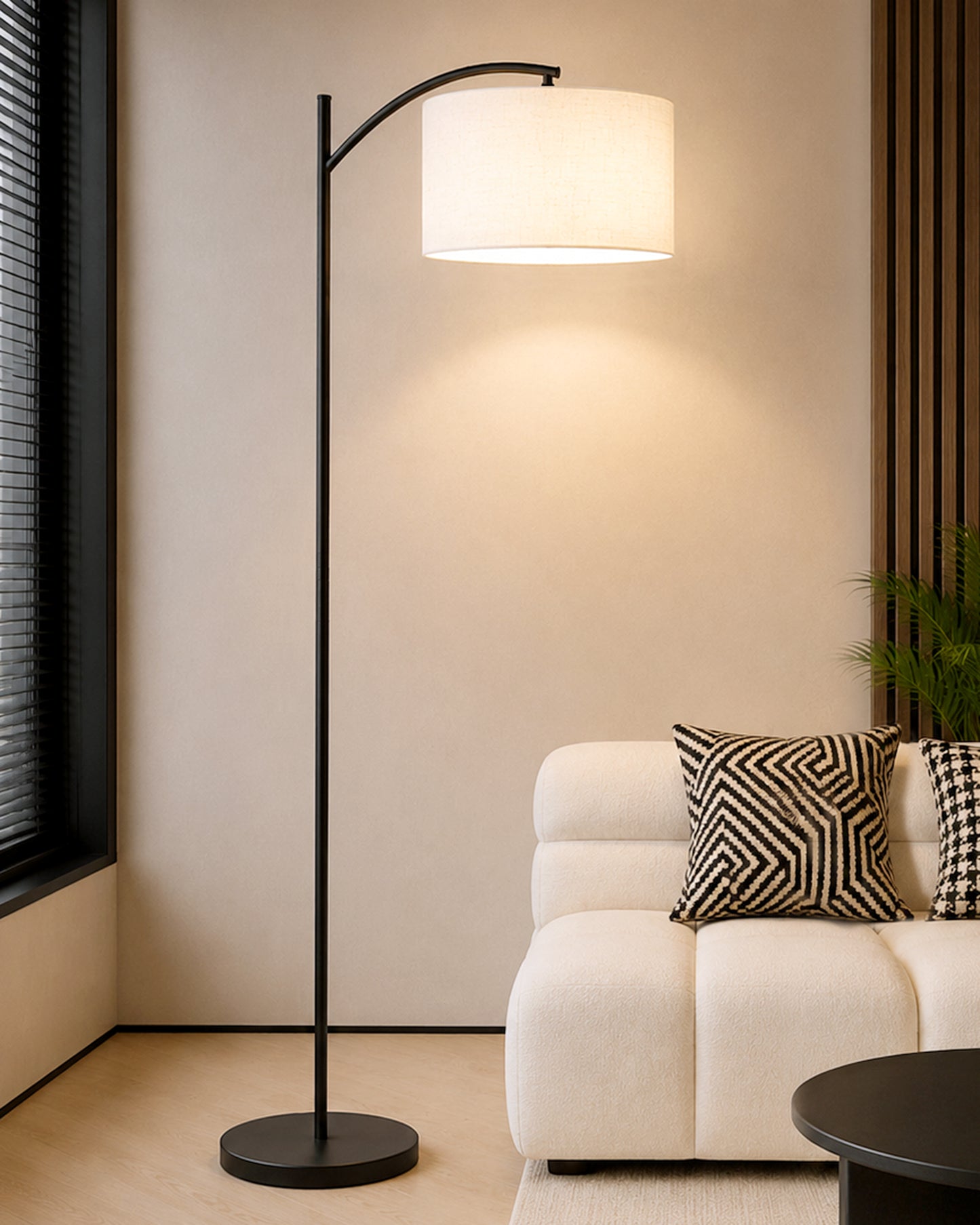 Homesake® ARC Floor Lamp for Living Room | Modern Standing Lamp with Linen Fabric Shade and Black Metal Frame | Decorative Reading Lamp for Bedroom, Corner, Office & Home Decor, Fabric Shade