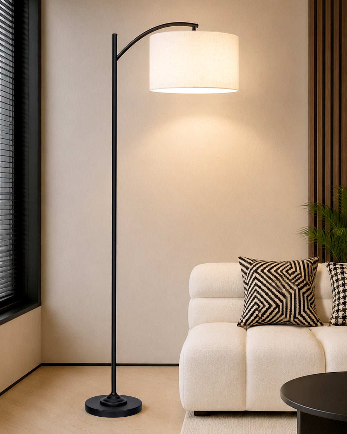 Homesake® ARC Floor Lamp for Living Room | Modern Standing Lamp with Linen Fabric Shade and Black Metal Frame | Decorative Reading Lamp for Bedroom, Corner, Office & Home Decor, Fabric Shade