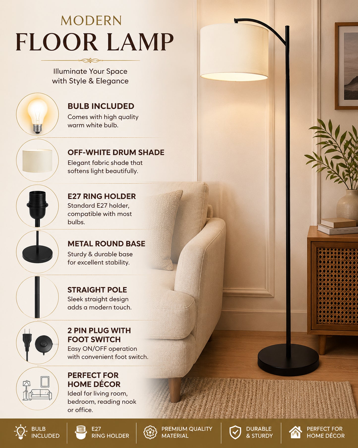 Homesake® ARC Floor Lamp for Living Room | Modern Standing Lamp with Linen Fabric Shade and Black Metal Frame | Decorative Reading Lamp for Bedroom, Corner, Office & Home Decor, Fabric Shade