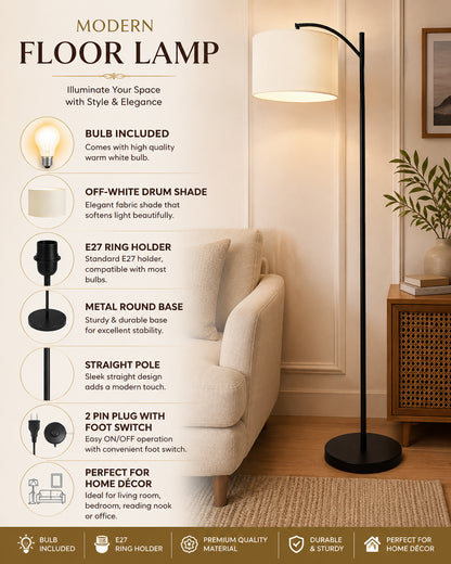 Homesake® ARC Floor Lamp for Living Room | Modern Standing Lamp with Linen Fabric Shade and Black Metal Frame | Decorative Reading Lamp for Bedroom, Corner, Office & Home Decor, Fabric Shade
