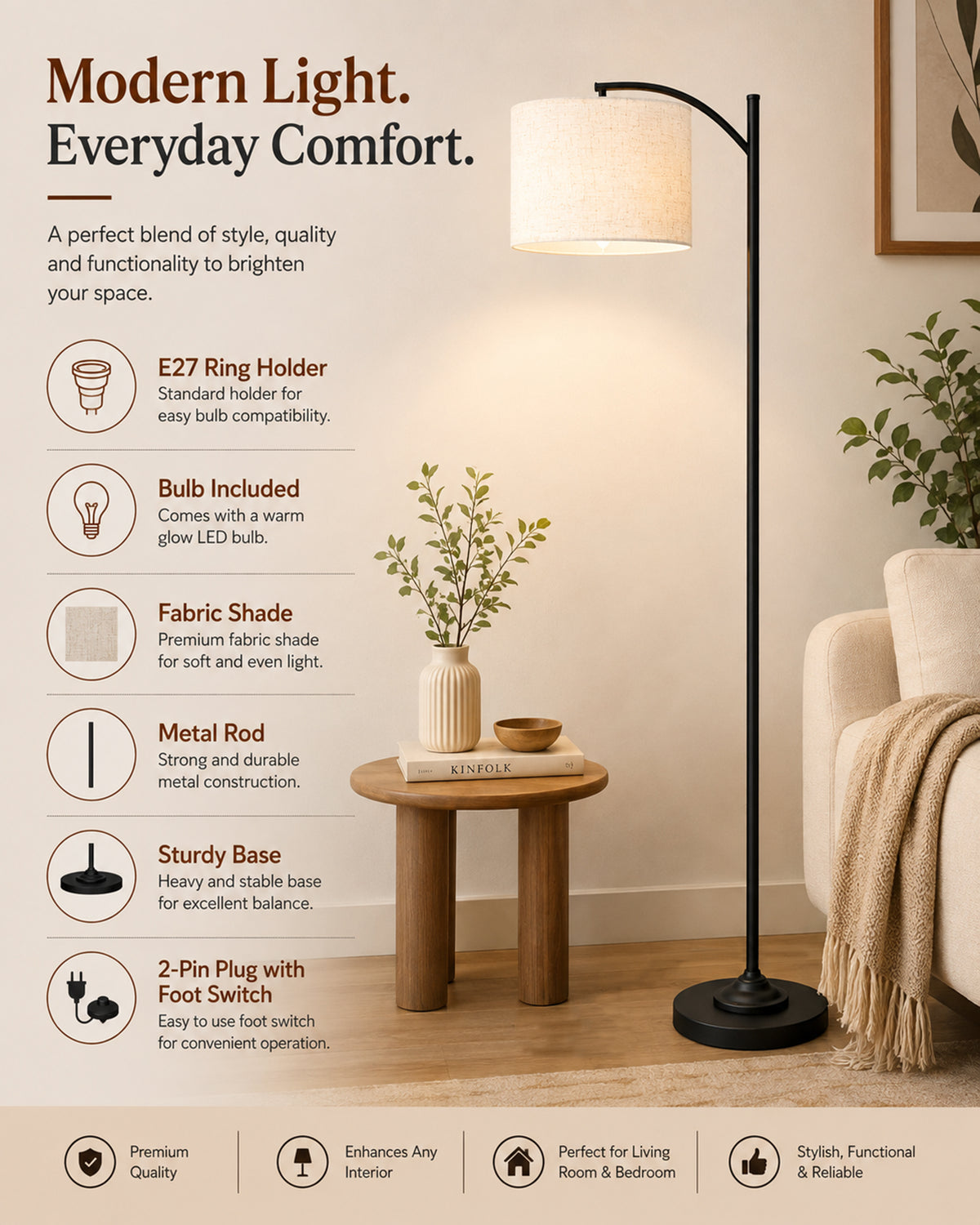 Homesake® ARC Floor Lamp for Living Room | Modern Standing Lamp with Linen Fabric Shade and Black Metal Frame | Decorative Reading Lamp for Bedroom, Corner, Office & Home Decor, Fabric Shade