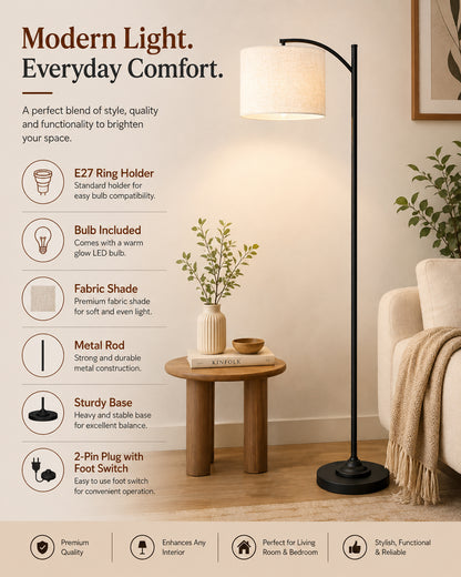 Homesake® ARC Floor Lamp for Living Room | Modern Standing Lamp with Linen Fabric Shade and Black Metal Frame | Decorative Reading Lamp for Bedroom, Corner, Office & Home Decor, Fabric Shade