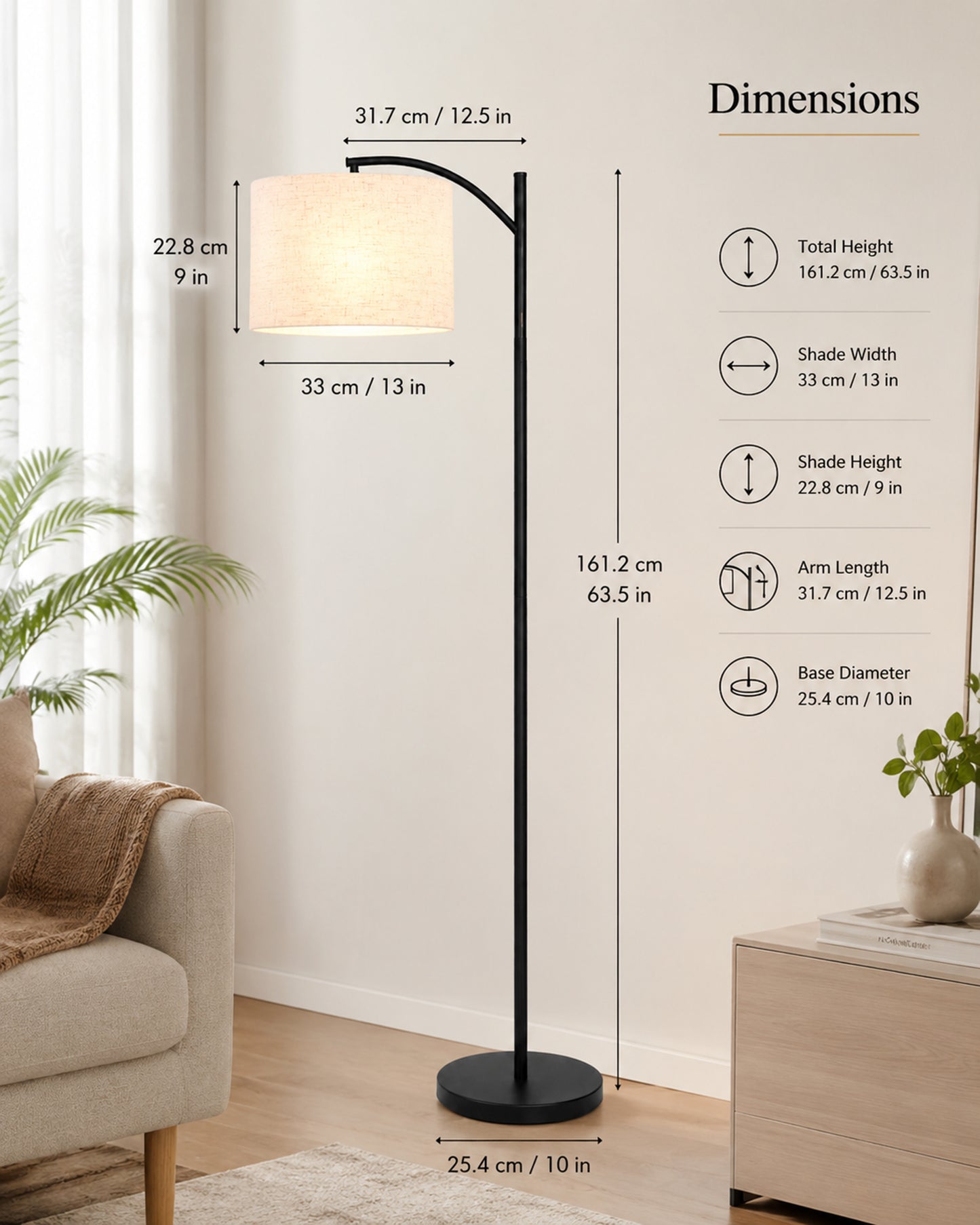 Homesake® ARC Floor Lamp for Living Room | Modern Standing Lamp with Linen Fabric Shade and Black Metal Frame | Decorative Reading Lamp for Bedroom, Corner, Office & Home Decor, Fabric Shade