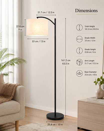 Homesake® ARC Floor Lamp for Living Room | Modern Standing Lamp with Linen Fabric Shade and Black Metal Frame | Decorative Reading Lamp for Bedroom, Corner, Office & Home Decor, Fabric Shade