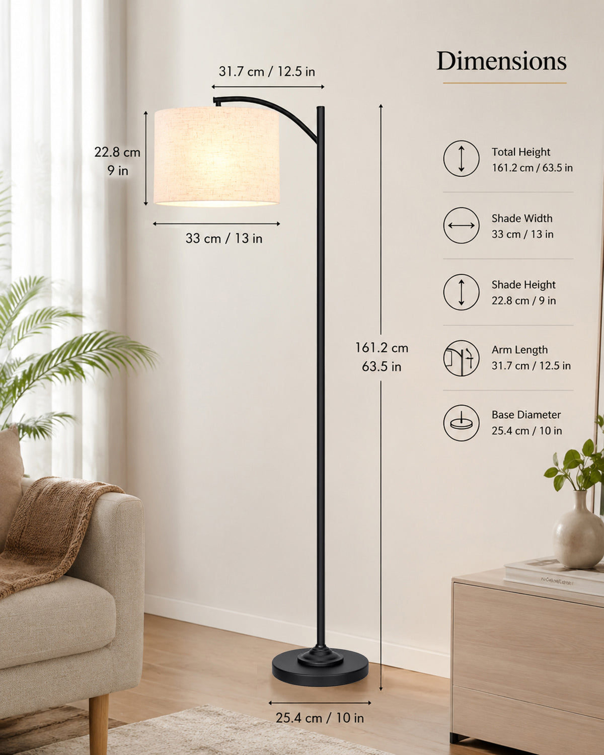 Homesake® ARC Floor Lamp for Living Room | Modern Standing Lamp with Linen Fabric Shade and Black Metal Frame | Decorative Reading Lamp for Bedroom, Corner, Office & Home Decor, Fabric Shade