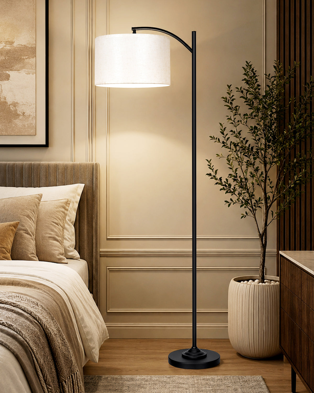Homesake® ARC Floor Lamp for Living Room | Modern Standing Lamp with Linen Fabric Shade and Black Metal Frame | Decorative Reading Lamp for Bedroom, Corner, Office & Home Decor, Fabric Shade