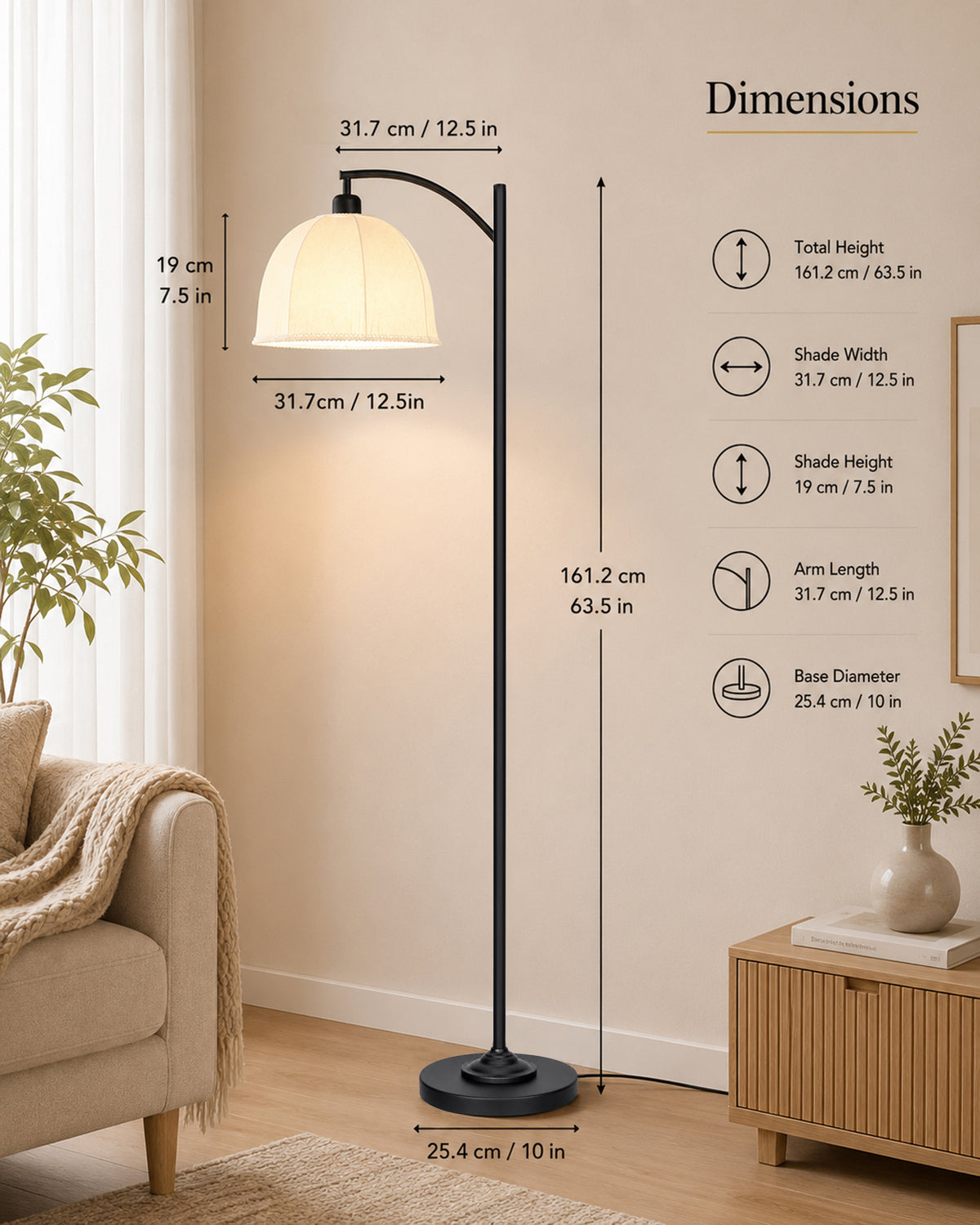 Homesake® ARC Floor Lamp for Living Room | Modern Standing Lamp with Linen Fabric Shade and Black Metal Frame | Decorative Reading Lamp for Bedroom, Corner, Office & Home Decor, Fabric Shade