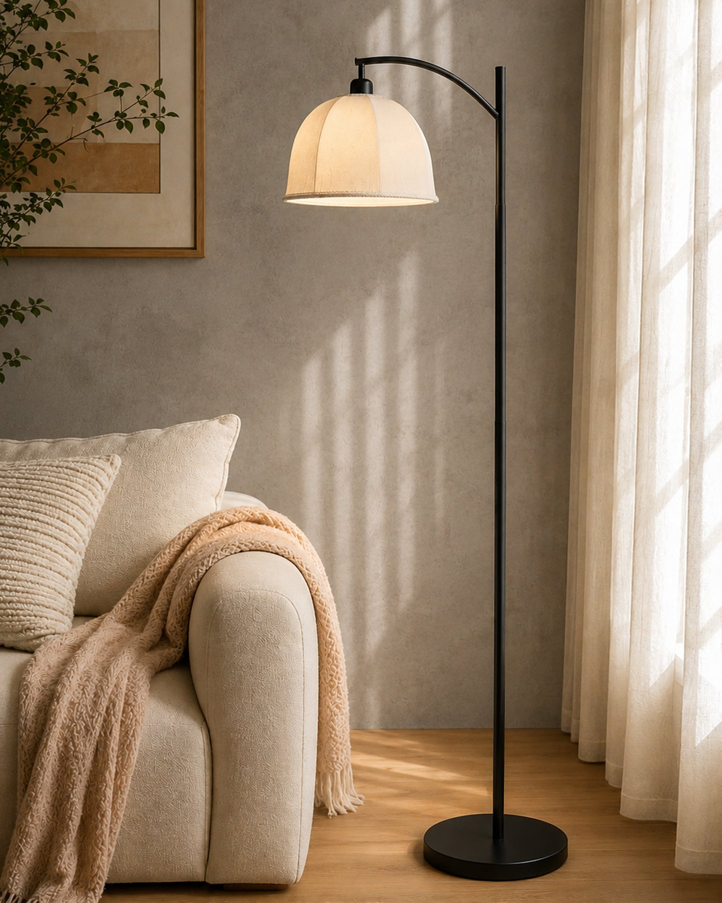 Homesake® ARC Floor Lamp for Living Room | Modern Standing Lamp with Linen Fabric Shade and Black Metal Frame | Decorative Reading Lamp for Bedroom, Corner, Office & Home Decor, Fabric Shade
