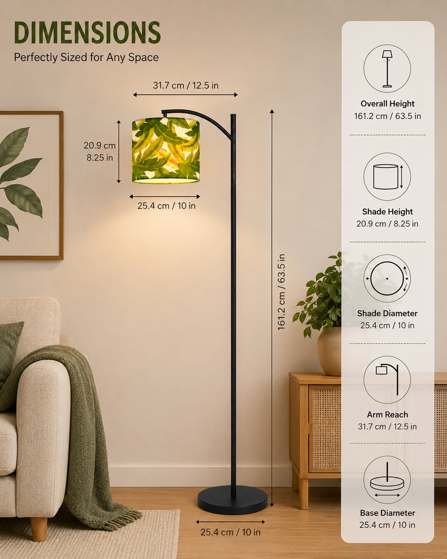 Homesake® ARC Floor Lamp for Living Room | Modern Standing Lamp with Linen Fabric Shade and Black Metal Frame | Decorative Reading Lamp for Bedroom, Corner, Office & Home Decor, Fabric Shade