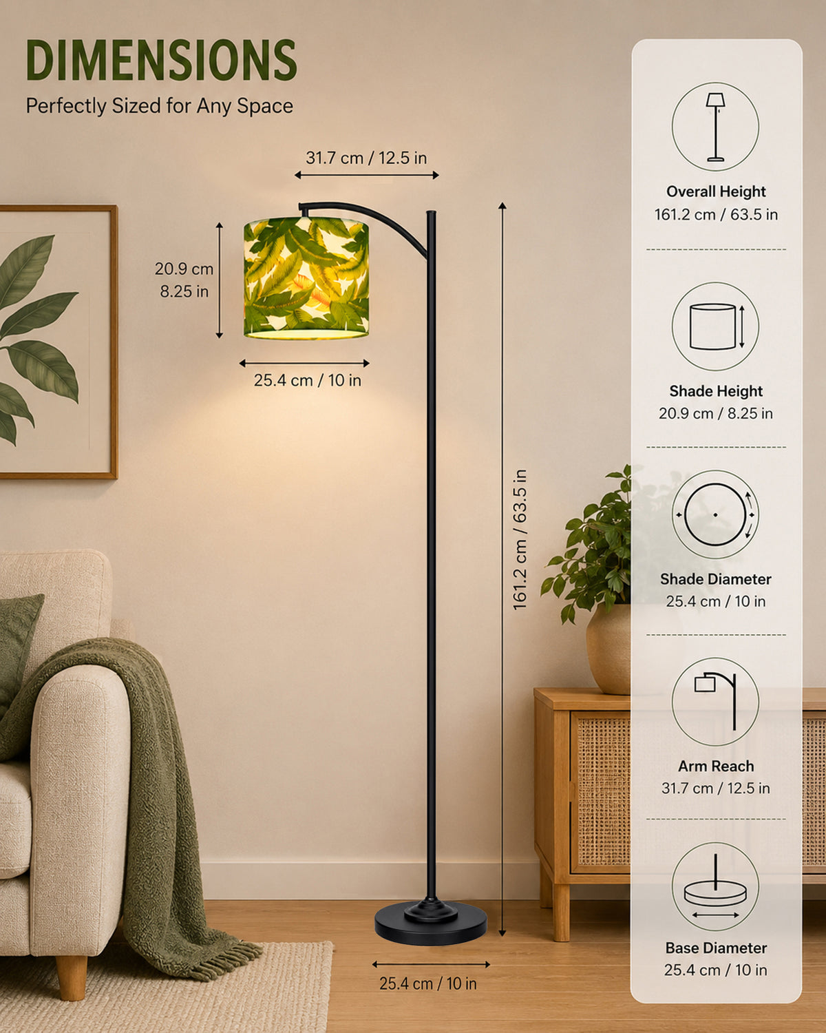Homesake® ARC Floor Lamp for Living Room | Modern Standing Lamp with Linen Fabric Shade and Black Metal Frame | Decorative Reading Lamp for Bedroom, Corner, Office & Home Decor, Fabric Shade