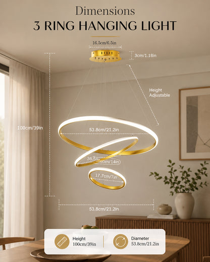 Homesake® Luxury 3 Ring LED Pendant Chandelier | Modern Gold Hanging Ceiling Light with Adjustable Cables | Decorative Light Fixture for Living Room, Dining Room, Foyer & Bedroom