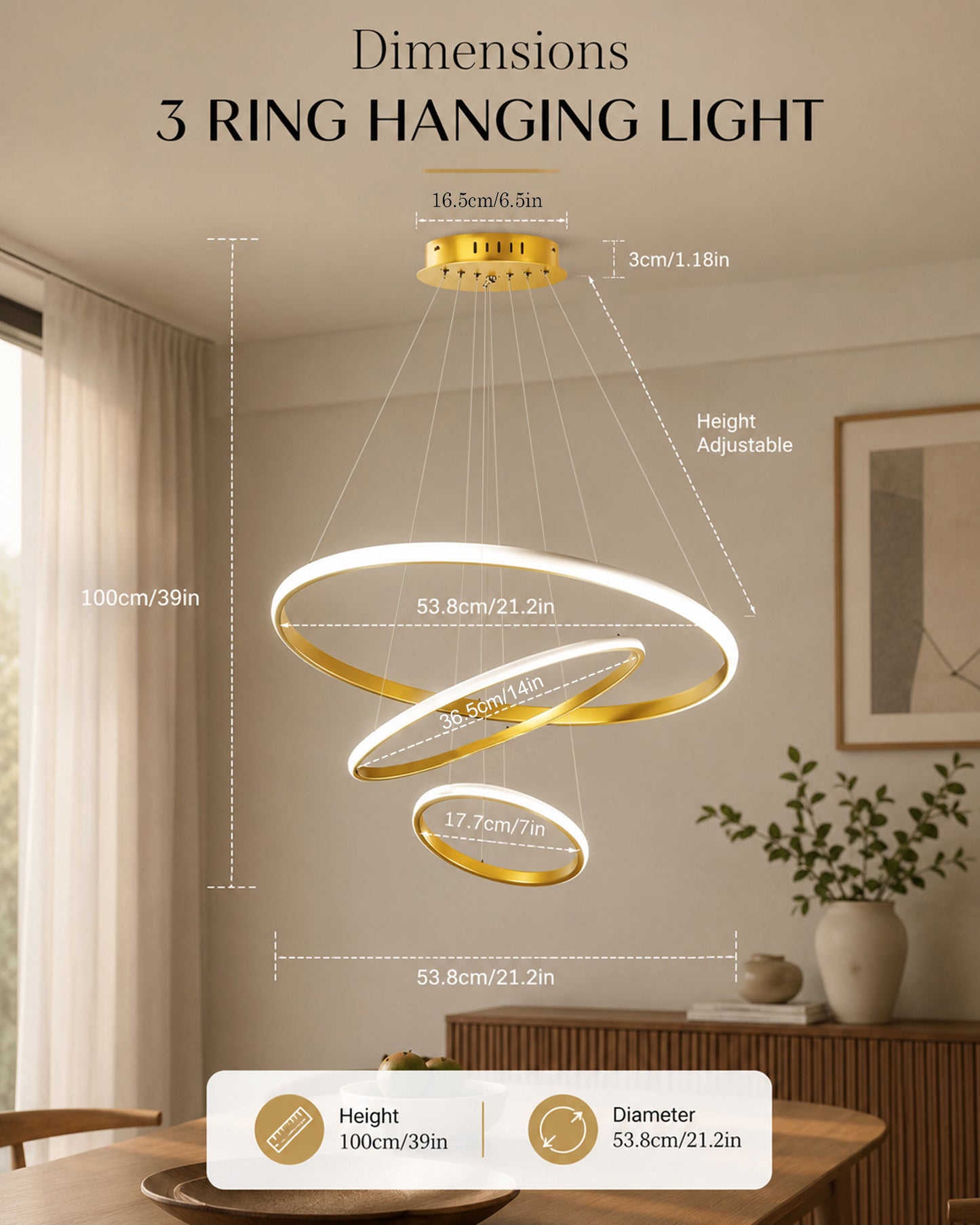 Homesake® Luxury 3 Ring LED Pendant Chandelier | Modern Gold Hanging Ceiling Light with Adjustable Cables | Decorative Light Fixture for Living Room, Dining Room, Foyer & Bedroom