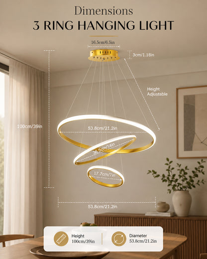 Homesake® Luxury 3 Ring LED Pendant Chandelier | Modern Gold Hanging Ceiling Light with Adjustable Cables | Decorative Light Fixture for Living Room, Dining Room, Foyer & Bedroom