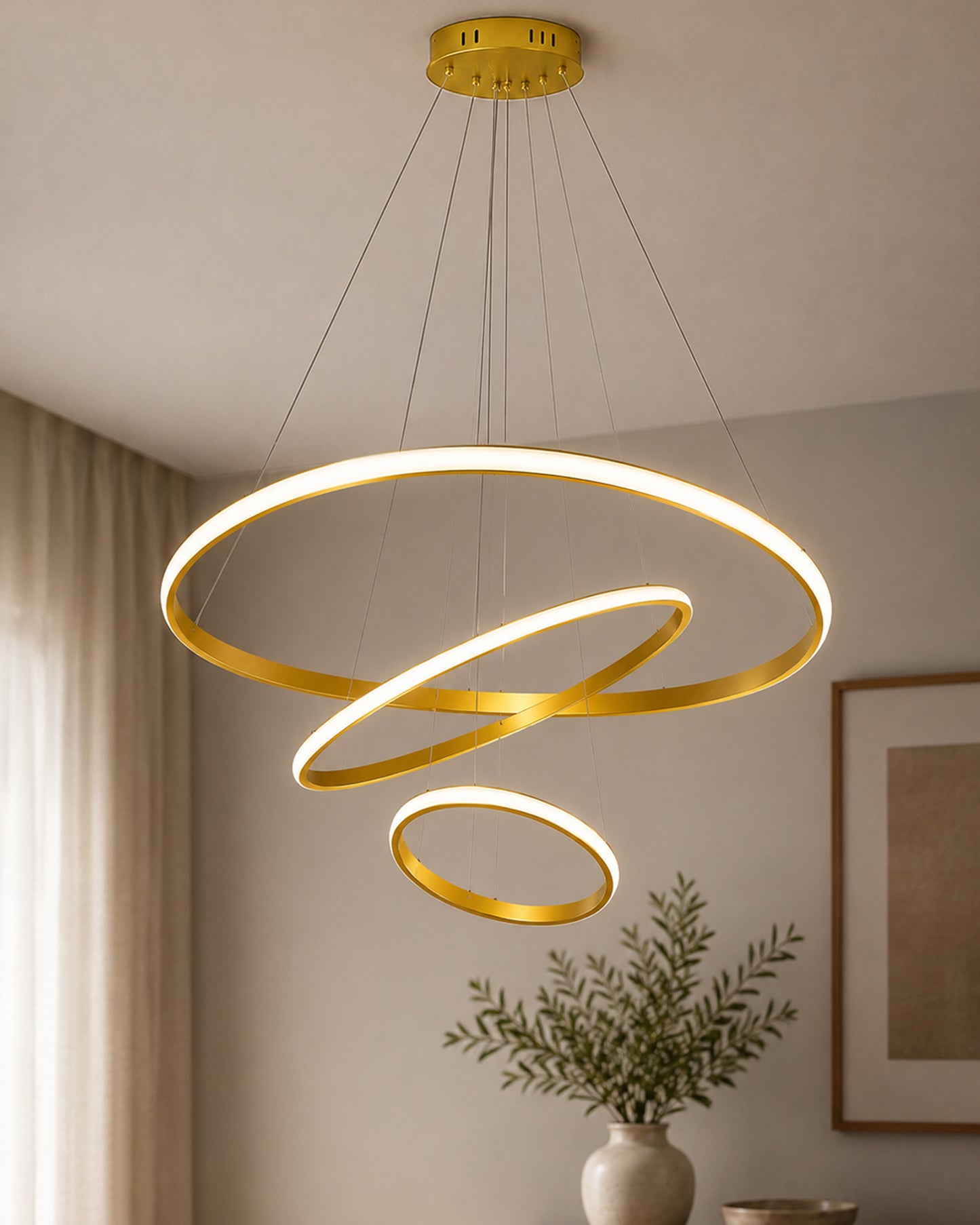 Homesake® Luxury 3 Ring LED Pendant Chandelier | Modern Gold Hanging Ceiling Light with Adjustable Cables | Decorative Light Fixture for Living Room, Dining Room, Foyer & Bedroom
