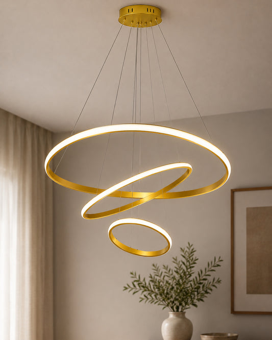 Homesake® Luxury 3 Ring LED Pendant Chandelier | Modern Gold Hanging Ceiling Light with Adjustable Cables | Decorative Light Fixture for Living Room, Dining Room, Foyer & Bedroom
