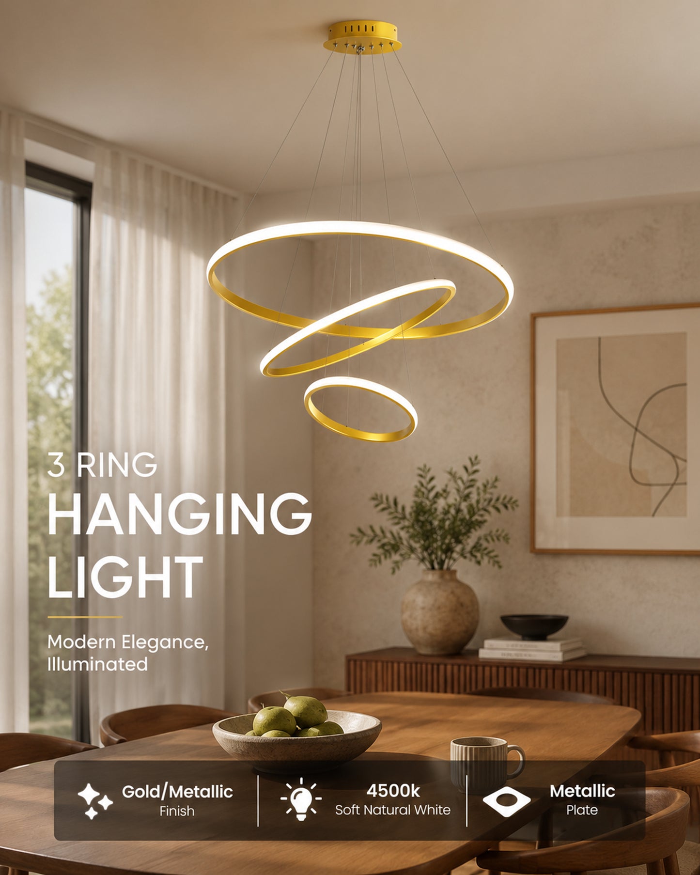 Homesake® Luxury 3 Ring LED Pendant Chandelier | Modern Gold Hanging Ceiling Light with Adjustable Cables | Decorative Light Fixture for Living Room, Dining Room, Foyer & Bedroom