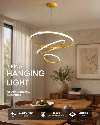 Homesake® Luxury 3 Ring LED Pendant Chandelier | Modern Gold Hanging Ceiling Light with Adjustable Cables | Decorative Light Fixture for Living Room, Dining Room, Foyer & Bedroom