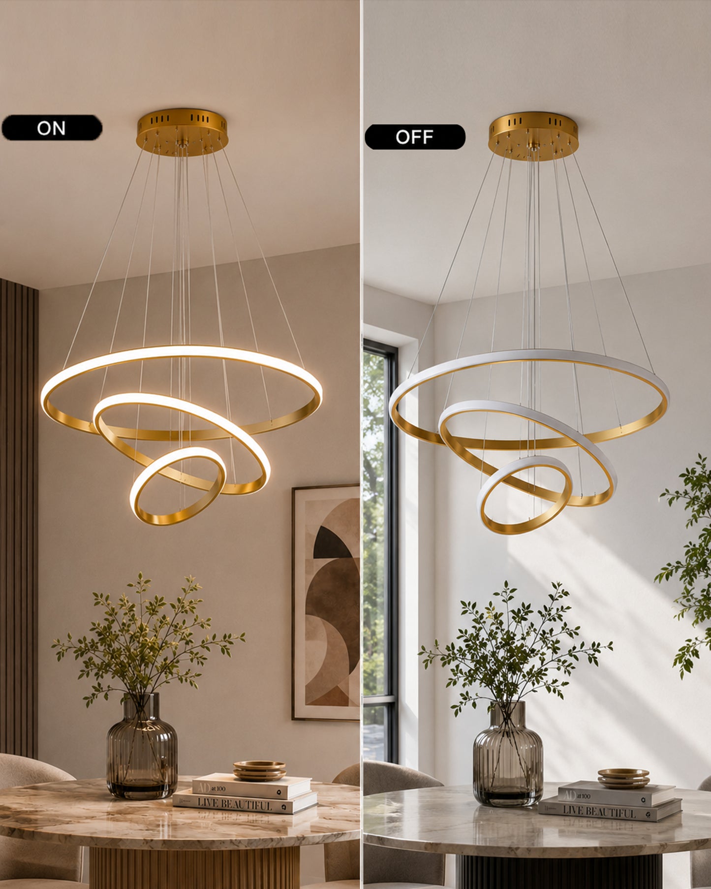 Homesake® Luxury 3 Ring LED Pendant Chandelier | Modern Gold Hanging Ceiling Light with Adjustable Cables | Decorative Light Fixture for Living Room, Dining Room, Foyer & Bedroom