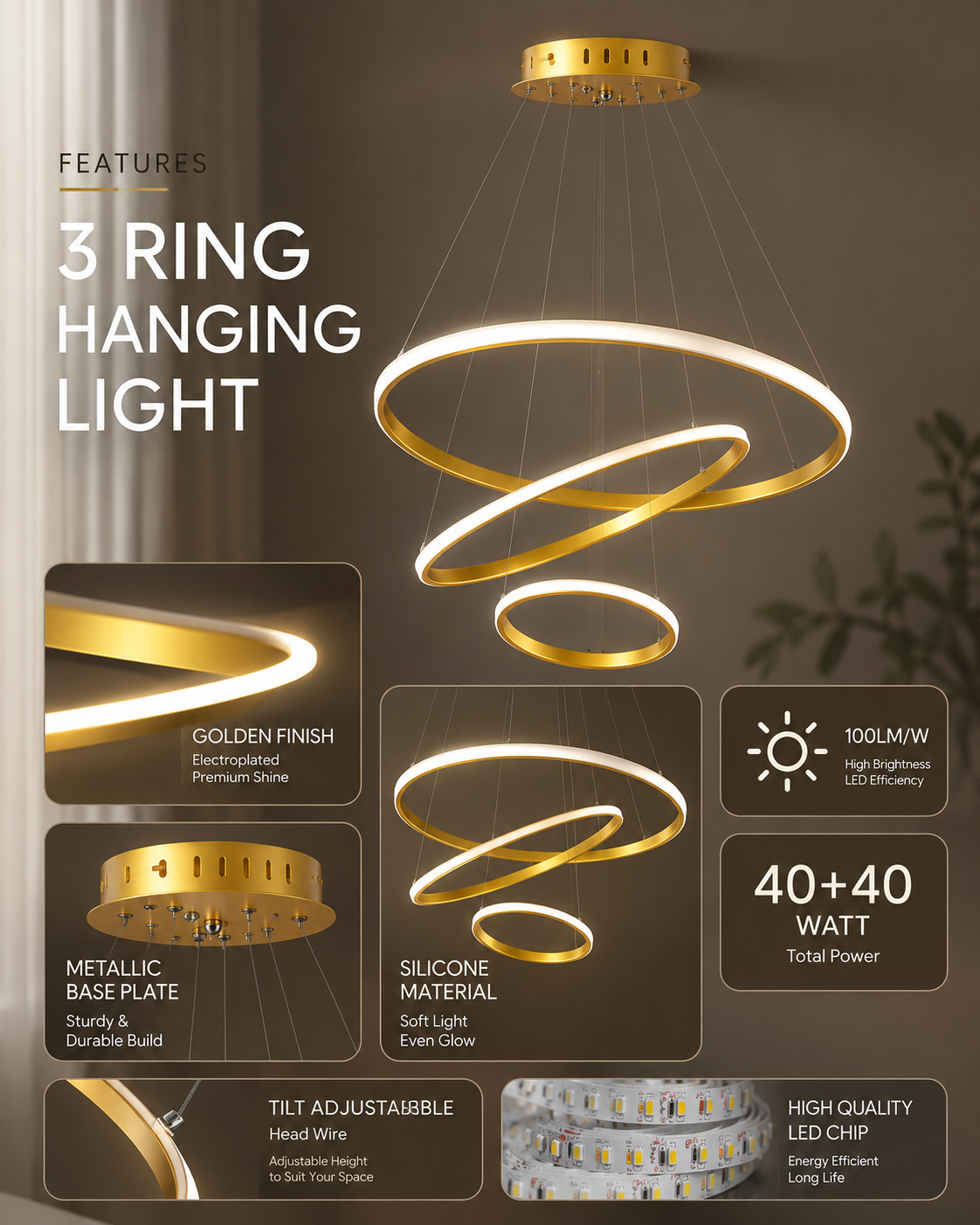 Homesake® Luxury 3 Ring LED Pendant Chandelier | Modern Gold Hanging Ceiling Light with Adjustable Cables | Decorative Light Fixture for Living Room, Dining Room, Foyer & Bedroom