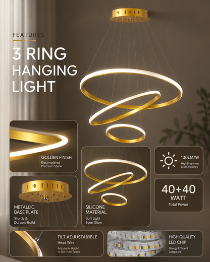 Homesake® Luxury 3 Ring LED Pendant Chandelier | Modern Gold Hanging Ceiling Light with Adjustable Cables | Decorative Light Fixture for Living Room, Dining Room, Foyer & Bedroom