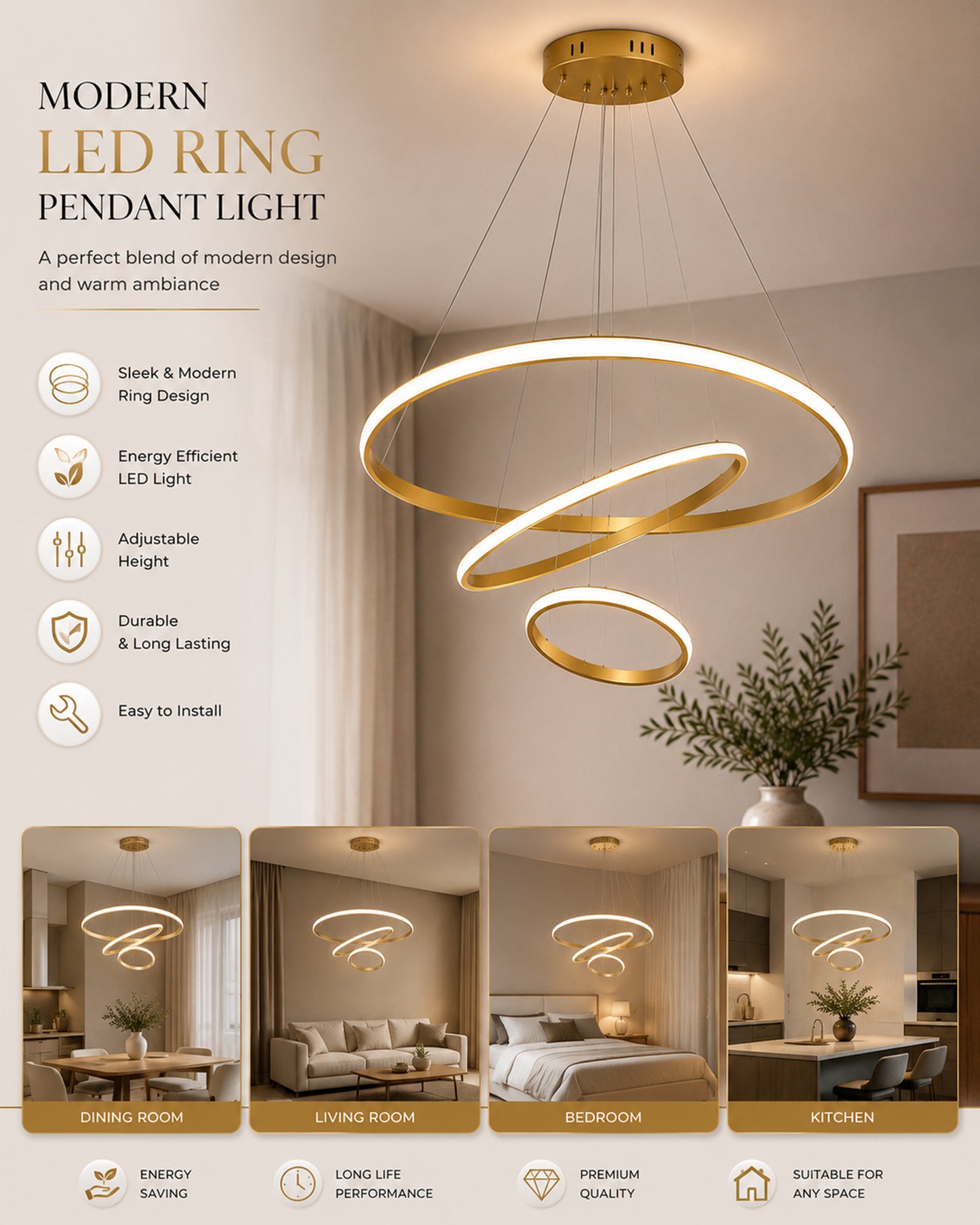 Homesake® Luxury 3 Ring LED Pendant Chandelier | Modern Gold Hanging Ceiling Light with Adjustable Cables | Decorative Light Fixture for Living Room, Dining Room, Foyer & Bedroom