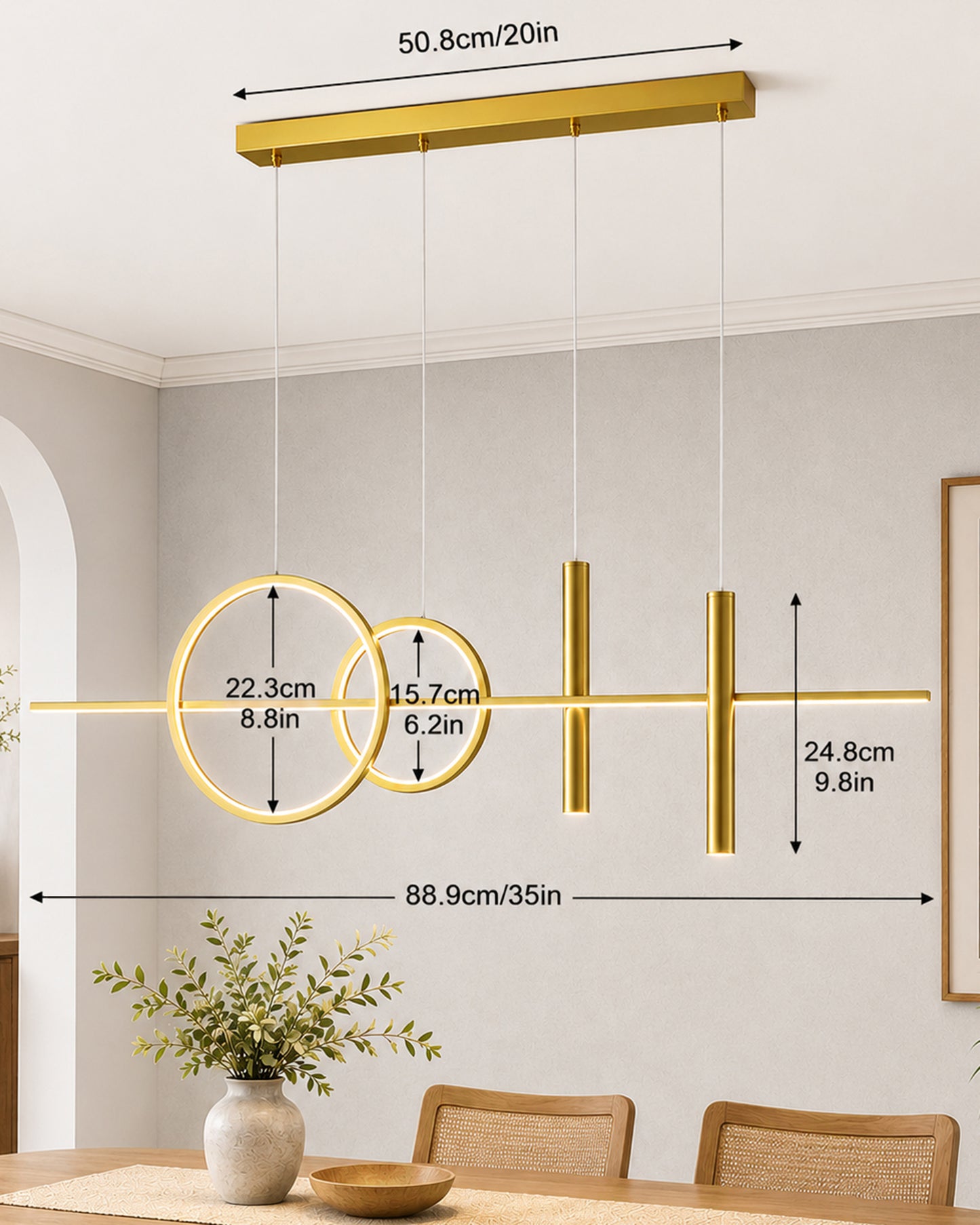 Homesake® Luxury 3 Ring LED Pendant Chandelier | Modern Gold Hanging Ceiling Light with Adjustable Cables | Decorative Light Fixture for Living Room, Dining Room, Foyer & Bedroom