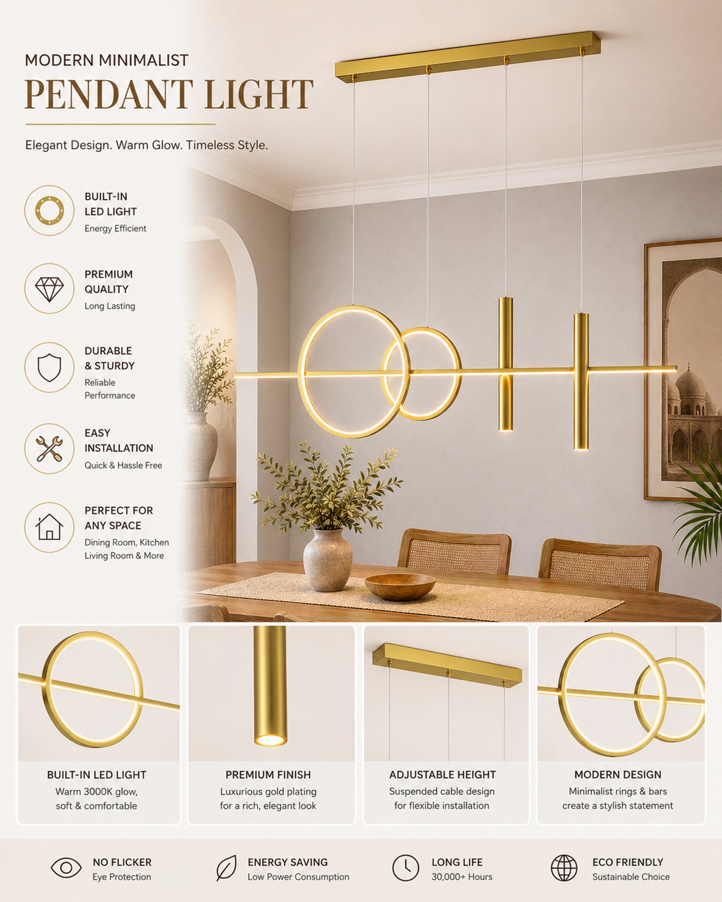 Homesake® Luxury 3 Ring LED Pendant Chandelier | Modern Gold Hanging Ceiling Light with Adjustable Cables | Decorative Light Fixture for Living Room, Dining Room, Foyer & Bedroom
