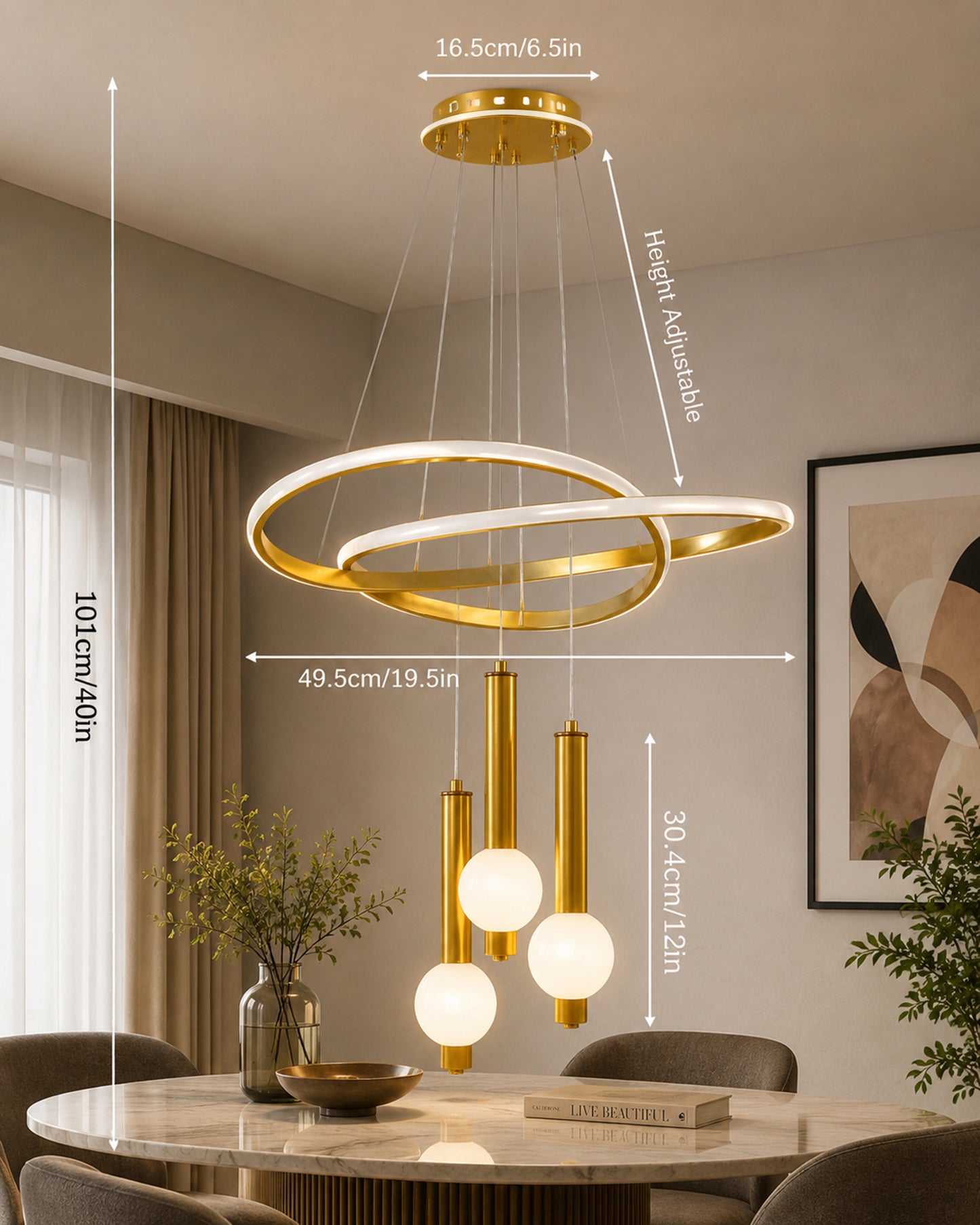 Homesake® Luxury 3 Ring LED Pendant Chandelier | Modern Gold Hanging Ceiling Light with Adjustable Cables | Decorative Light Fixture for Living Room, Dining Room, Foyer & Bedroom