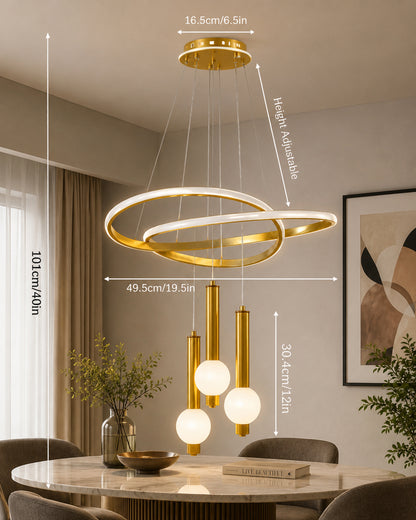 Homesake® Luxury 3 Ring LED Pendant Chandelier | Modern Gold Hanging Ceiling Light with Adjustable Cables | Decorative Light Fixture for Living Room, Dining Room, Foyer & Bedroom