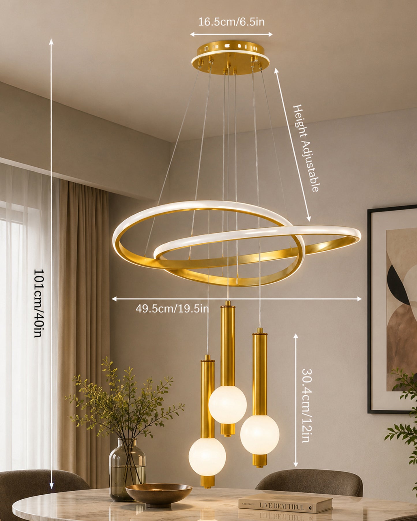 Homesake® Luxury 3 Ring LED Pendant Chandelier | Modern Gold Hanging Ceiling Light with Adjustable Cables | Decorative Light Fixture for Living Room, Dining Room, Foyer & Bedroom