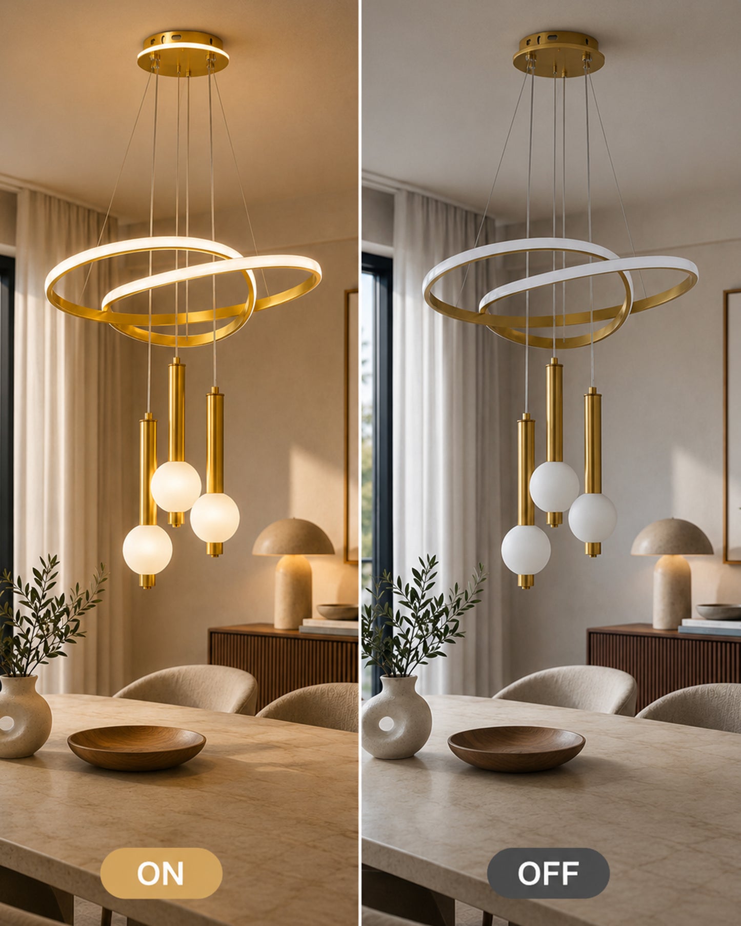 Homesake® Luxury 3 Ring LED Pendant Chandelier | Modern Gold Hanging Ceiling Light with Adjustable Cables | Decorative Light Fixture for Living Room, Dining Room, Foyer & Bedroom