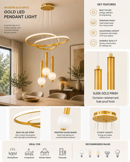 Homesake® Luxury 3 Ring LED Pendant Chandelier | Modern Gold Hanging Ceiling Light with Adjustable Cables | Decorative Light Fixture for Living Room, Dining Room, Foyer & Bedroom