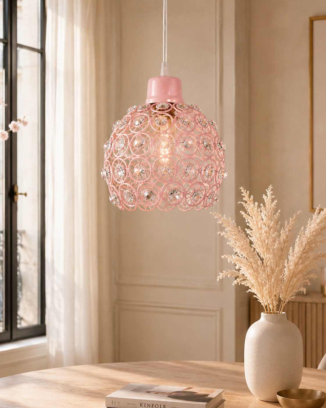 Homesake® Crystal Dual Half Globe Pendant Light, Black Metal Chandelier with Crystal Accents, Modern Hanging Ceiling Light Fixture for Living Room, Dining Room, Bedroom, Foyer & Hallway