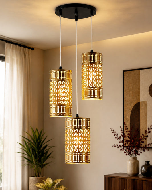 Homesake® 3-Light Hanging Pendant Chandelier, Decorative Jali Pattern Metal Ceiling Light | Vintage Antique Brass Hanging Lamp for Living Room, Dining Area & Entryway, Golden