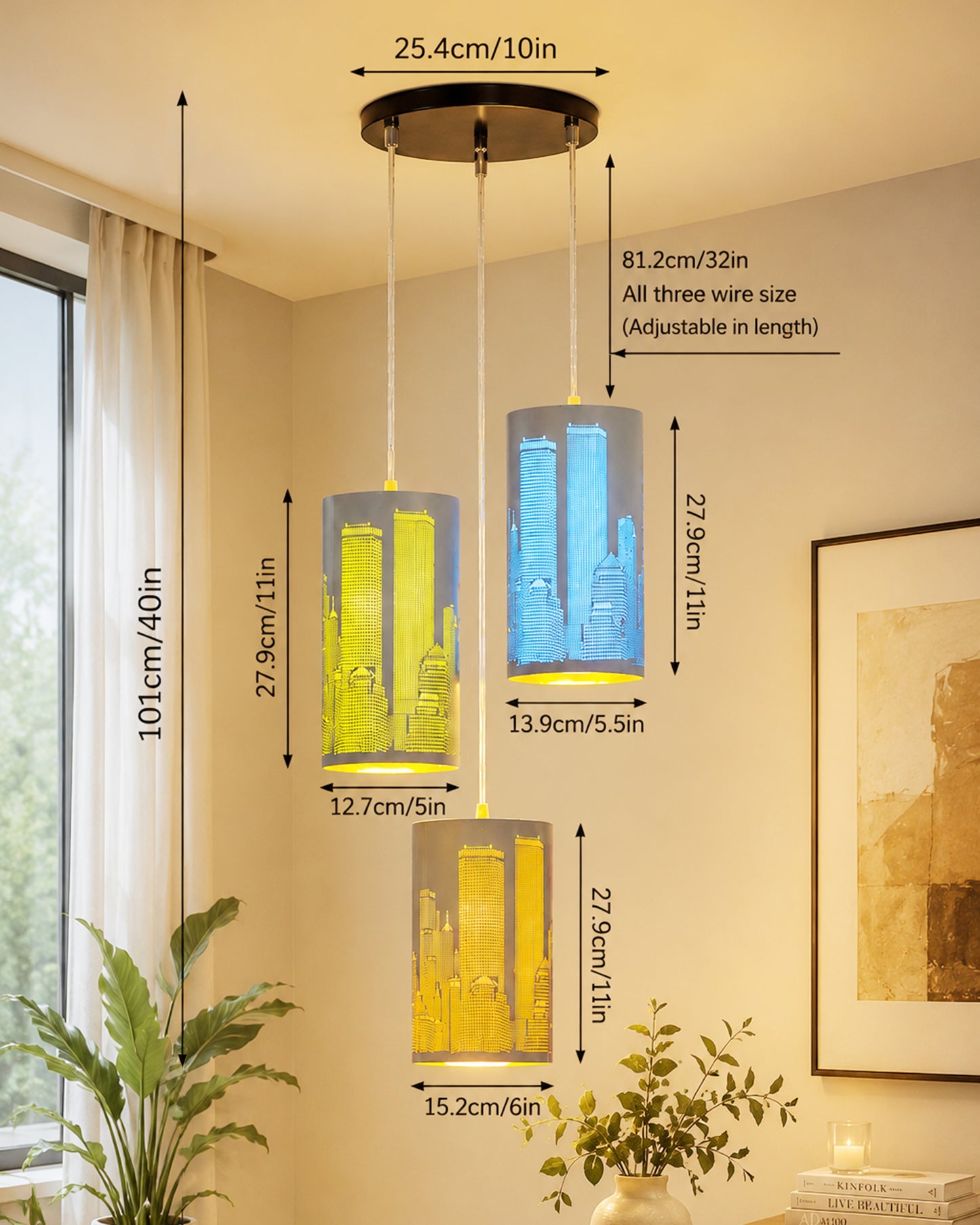 Homesake® New York Pop 3-Light Hanging Pendant Lamp | Modern Cityscape Metal Ceiling Light with Blue, Green & Yellow Ambient Glow | Decorative Cluster Chandelier for Living Room, Dining Area, Bedroom & Cafe, Skyline