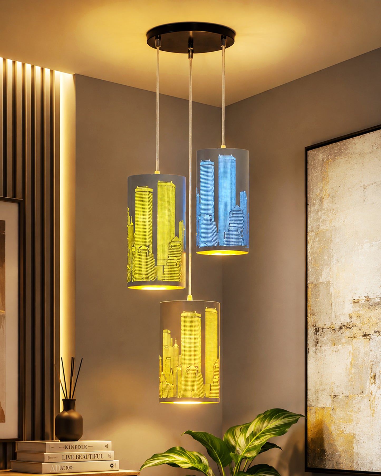 Homesake® New York Pop 3-Light Hanging Pendant Lamp | Modern Cityscape Metal Ceiling Light with Blue, Green & Yellow Ambient Glow | Decorative Cluster Chandelier for Living Room, Dining Area, Bedroom & Cafe, Skyline