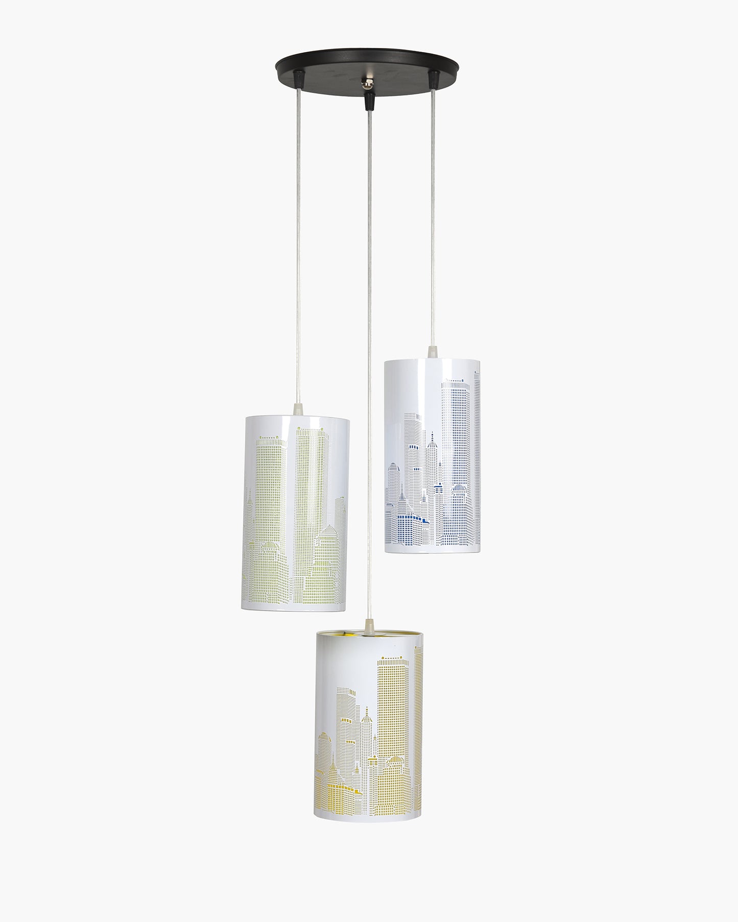 Homesake® New York Pop 3-Light Hanging Pendant Lamp | Modern Cityscape Metal Ceiling Light with Blue, Green & Yellow Ambient Glow | Decorative Cluster Chandelier for Living Room, Dining Area, Bedroom & Cafe, Skyline