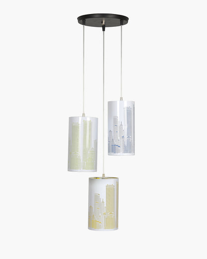 Homesake® New York Pop 3-Light Hanging Pendant Lamp | Modern Cityscape Metal Ceiling Light with Blue, Green & Yellow Ambient Glow | Decorative Cluster Chandelier for Living Room, Dining Area, Bedroom & Cafe, Skyline