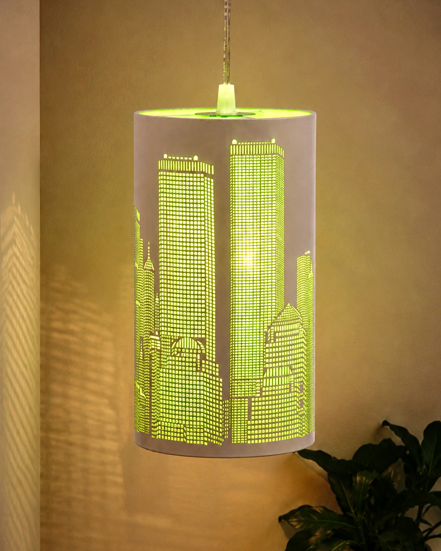Homesake® New York Pop 3-Light Hanging Pendant Lamp | Modern Cityscape Metal Ceiling Light with Blue, Green & Yellow Ambient Glow | Decorative Cluster Chandelier for Living Room, Dining Area, Bedroom & Cafe, Skyline