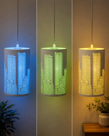 Homesake® New York Pop 3-Light Hanging Pendant Lamp | Modern Cityscape Metal Ceiling Light with Blue, Green & Yellow Ambient Glow | Decorative Cluster Chandelier for Living Room, Dining Area, Bedroom & Cafe, Skyline