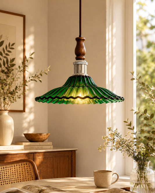 Homesake® Petalia Vintage Fluted Glass Pendant Light | Wooden Top Ceiling Hanging Lamp with Nickel Holder, E27 Decorative Pendant Light for Dining Room, Kitchen Island, Bedroom & Living Room