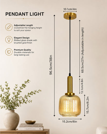 Homesake® Modern Ribbed Glass Pendant Light | Antique Brass Hanging Ceiling Lamp | Decorative Fluted Glass Light Fixture for Kitchen Island, Dining Room, Living Room & Hallway