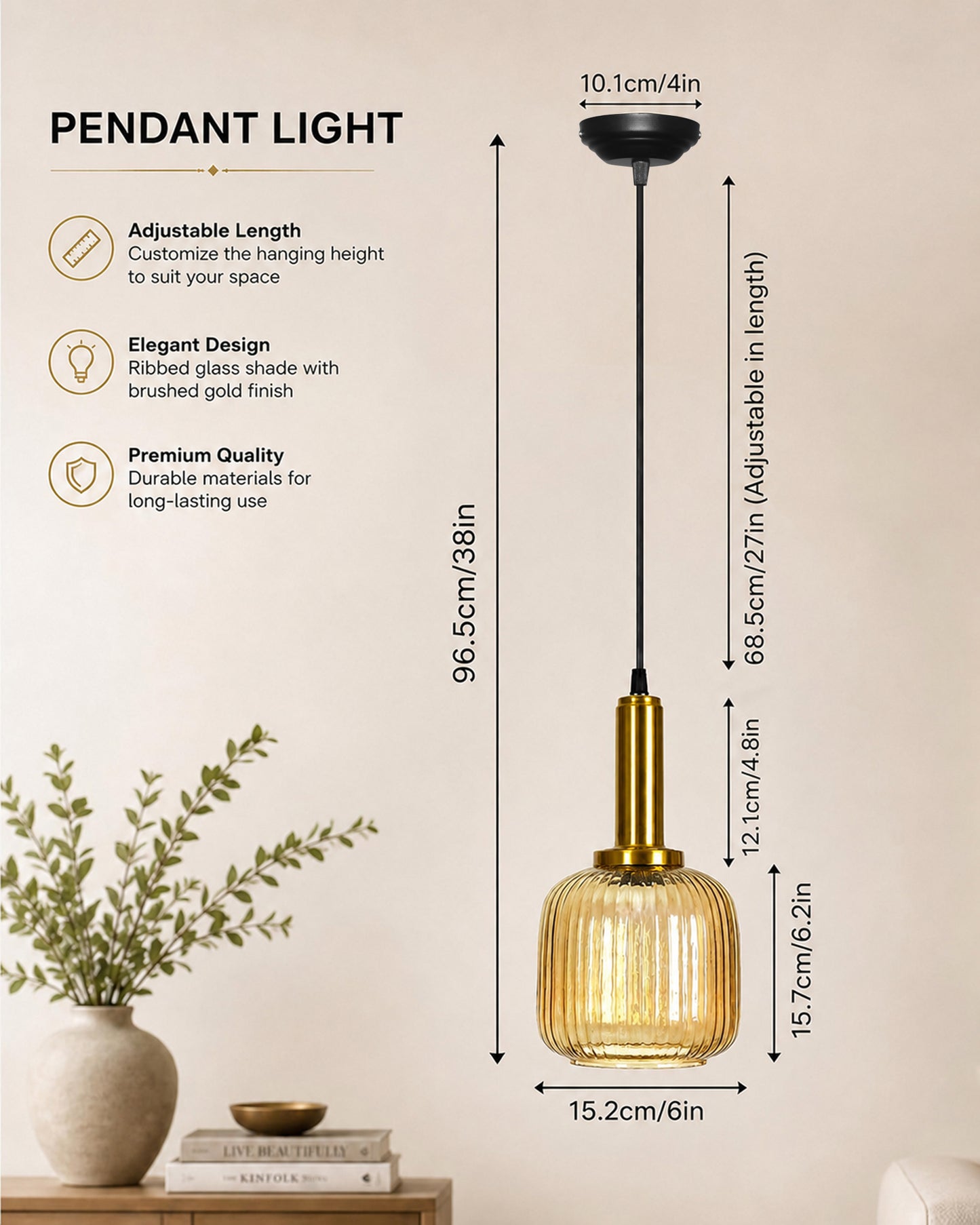 Homesake® Modern Ribbed Glass Pendant Light | Antique Brass Hanging Ceiling Lamp | Decorative Fluted Glass Light Fixture for Kitchen Island, Dining Room, Living Room & Hallway