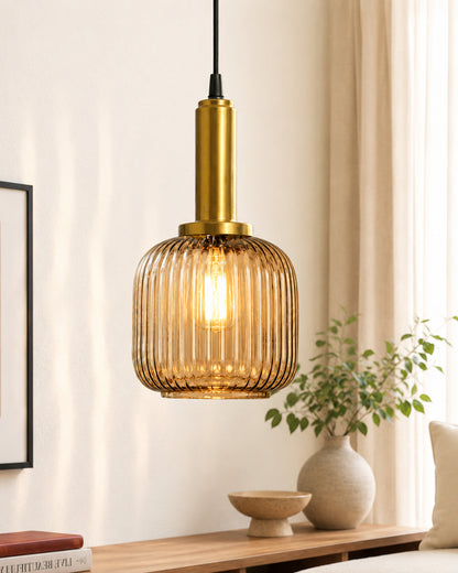 Homesake® Modern Ribbed Glass Pendant Light | Antique Brass Hanging Ceiling Lamp | Decorative Fluted Glass Light Fixture for Kitchen Island, Dining Room, Living Room & Hallway