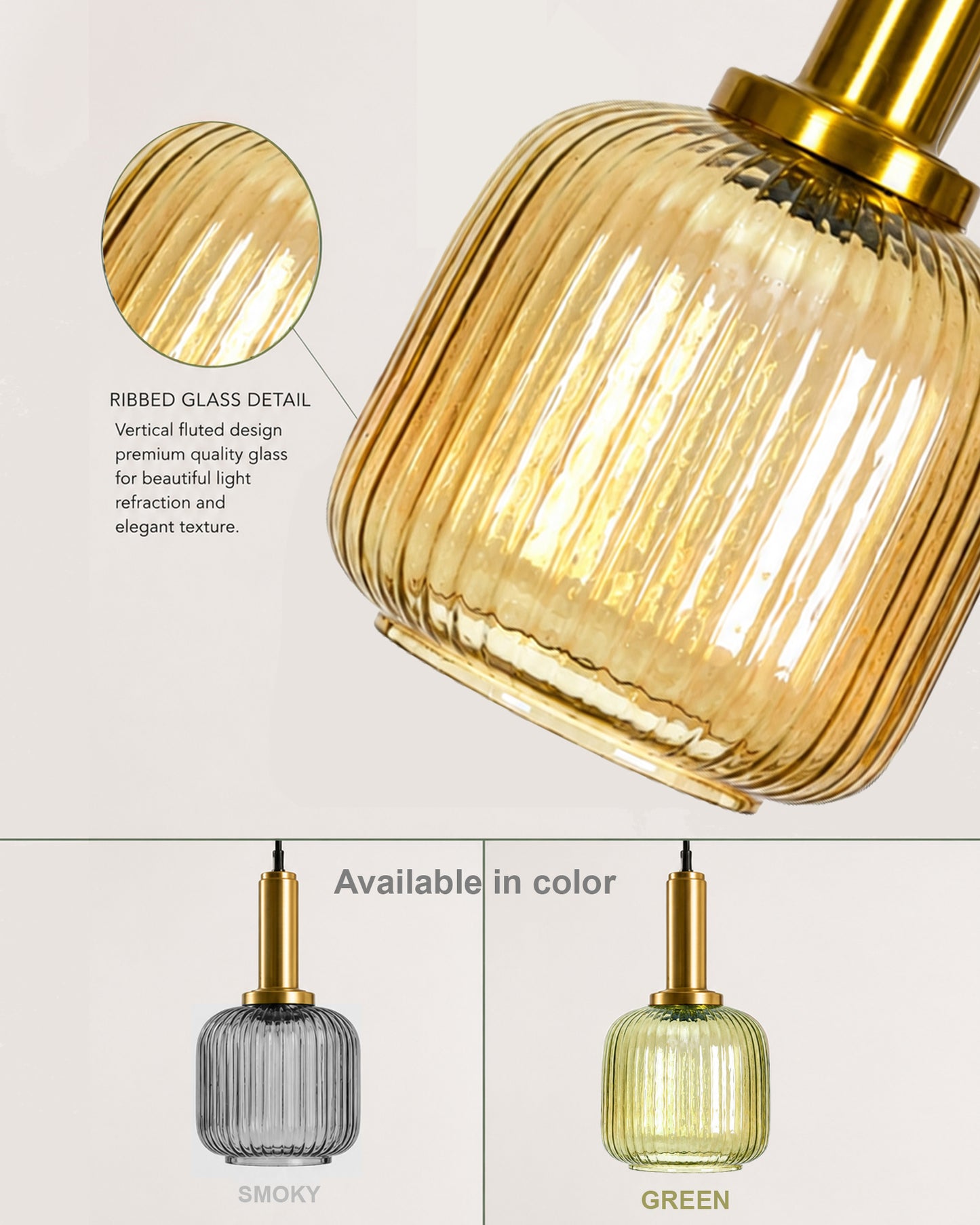 Homesake® Modern Ribbed Glass Pendant Light | Antique Brass Hanging Ceiling Lamp | Decorative Fluted Glass Light Fixture for Kitchen Island, Dining Room, Living Room & Hallway