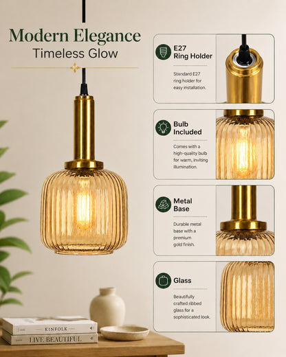 Homesake® Modern Ribbed Glass Pendant Light | Antique Brass Hanging Ceiling Lamp | Decorative Fluted Glass Light Fixture for Kitchen Island, Dining Room, Living Room & Hallway