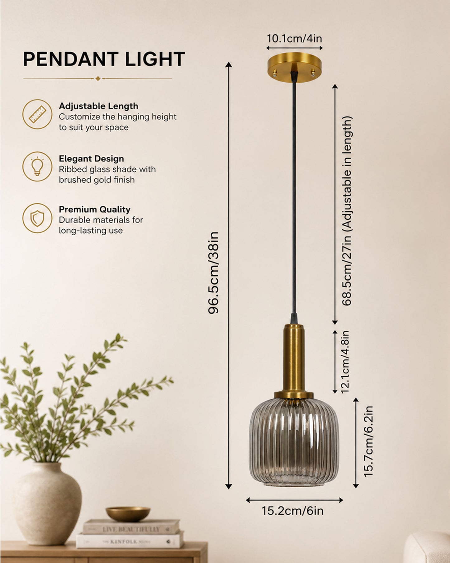 Homesake® Modern Ribbed Glass Pendant Light | Antique Brass Hanging Ceiling Lamp | Decorative Fluted Glass Light Fixture for Kitchen Island, Dining Room, Living Room & Hallway