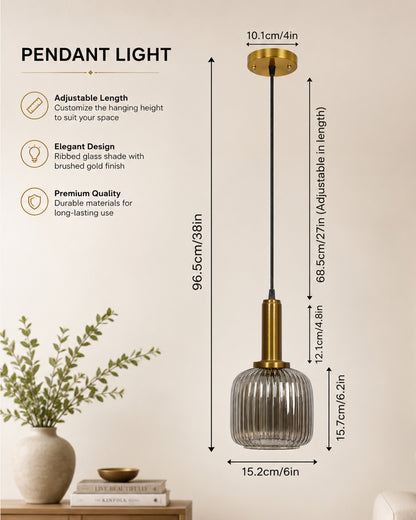 Homesake® Modern Ribbed Glass Pendant Light | Antique Brass Hanging Ceiling Lamp | Decorative Fluted Glass Light Fixture for Kitchen Island, Dining Room, Living Room & Hallway