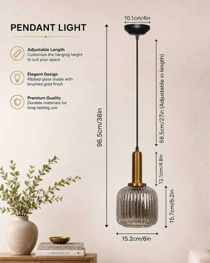 Homesake® Modern Ribbed Glass Pendant Light | Antique Brass Hanging Ceiling Lamp | Decorative Fluted Glass Light Fixture for Kitchen Island, Dining Room, Living Room & Hallway